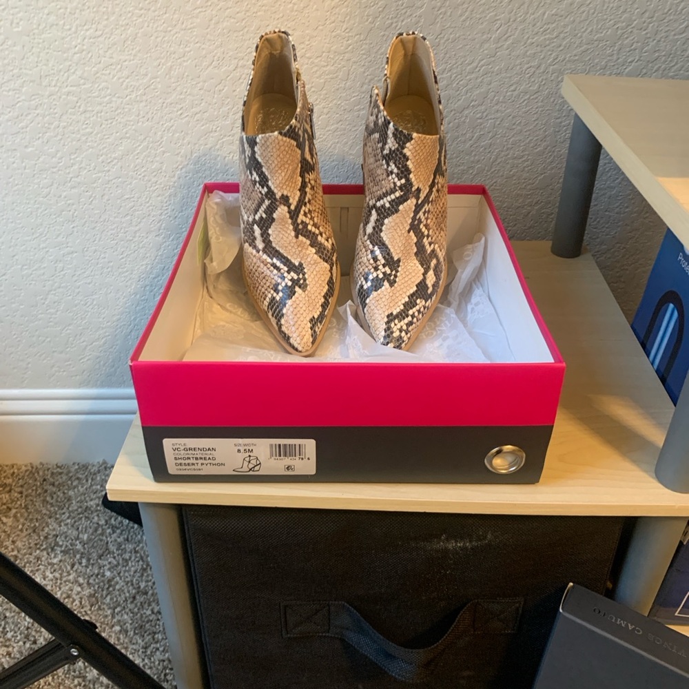 Vince Camuto Beige and Black Snakeskin Heeled Boots
